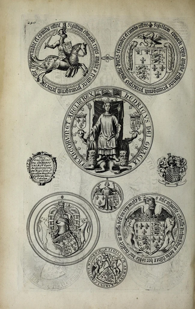 An illustration from A genealogical history of the kings of England, and monarchs of Great Britain, &c. : from the Conquest, anno 1066, to the year 1677 : in seven parts or books containing a discourse of their several lives, marriages, and issues ... with their effigies, seals, tombs ... all engraven in copper plates : furnished with several remarques and annotations, 1677, leaf 302
