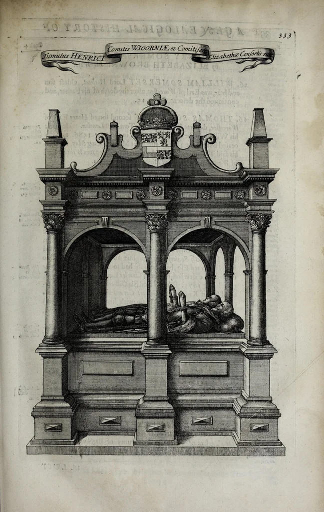 An illustration from A genealogical history of the kings of England, and monarchs of Great Britain, &c. : from the Conquest, anno 1066, to the year 1677 : in seven parts or books containing a discourse of their several lives, marriages, and issues ... with their effigies, seals, tombs ... all engraven in copper plates : furnished with several remarques and annotations, 1677, leaf 397