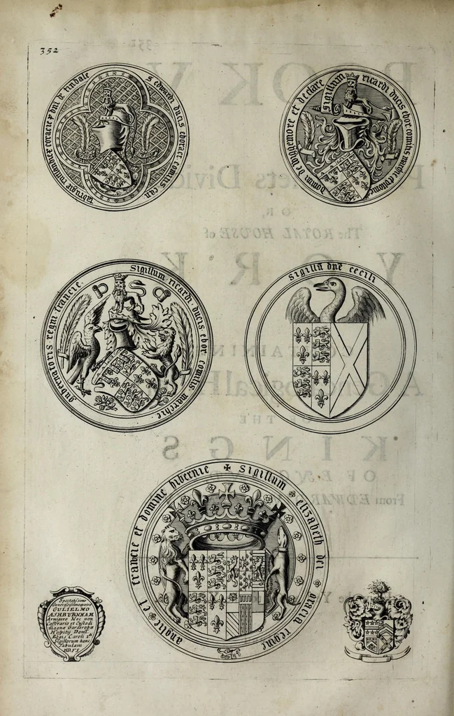 An illustration from A genealogical history of the kings of England, and monarchs of Great Britain, &c. : from the Conquest, anno 1066, to the year 1677 : in seven parts or books containing a discourse of their several lives, marriages, and issues ... with their effigies, seals, tombs ... all engraven in copper plates : furnished with several remarques and annotations, 1677, leaf 416