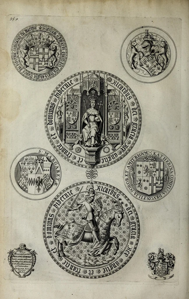 An illustration from A genealogical history of the kings of England, and monarchs of Great Britain, &c. : from the Conquest, anno 1066, to the year 1677 : in seven parts or books containing a discourse of their several lives, marriages, and issues ... with their effigies, seals, tombs ... all engraven in copper plates : furnished with several remarques and annotations, 1677, leaf 418
