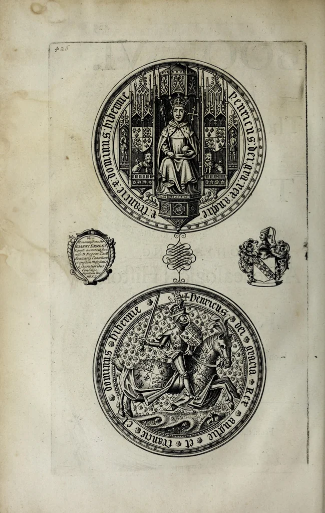 An illustration from A genealogical history of the kings of England, and monarchs of Great Britain, &c. : from the Conquest, anno 1066, to the year 1677 : in seven parts or books containing a discourse of their several lives, marriages, and issues ... with their effigies, seals, tombs ... all engraven in copper plates : furnished with several remarques and annotations, 1677, leaf 496