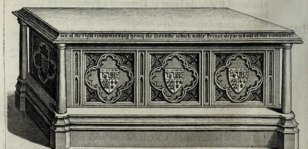 An illustration from A genealogical history of the kings of England, and monarchs of Great Britain, &c. : from the Conquest, anno 1066, to the year 1677 : in seven parts or books containing a discourse of their several lives, marriages, and issues ... with their effigies, seals, tombs ... all engraven in copper plates : furnished with several remarques and annotations, 1677, leaf 524