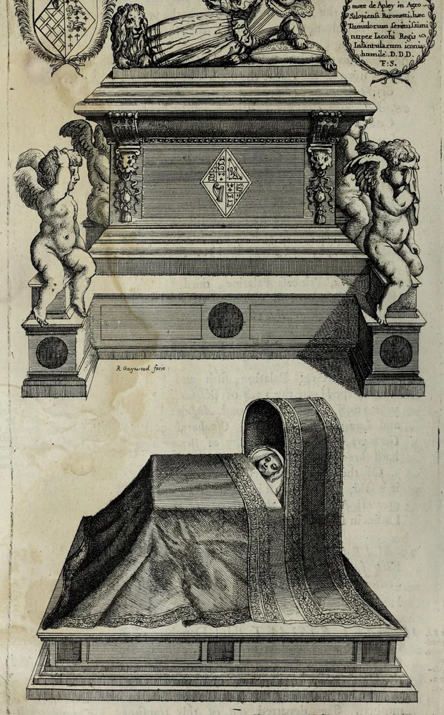 An illustration from A genealogical history of the kings of England, and monarchs of Great Britain, &c. : from the Conquest, anno 1066, to the year 1677 : in seven parts or books containing a discourse of their several lives, marriages, and issues ... with their effigies, seals, tombs ... all engraven in copper plates : furnished with several remarques and annotations, 1677, leaf 620