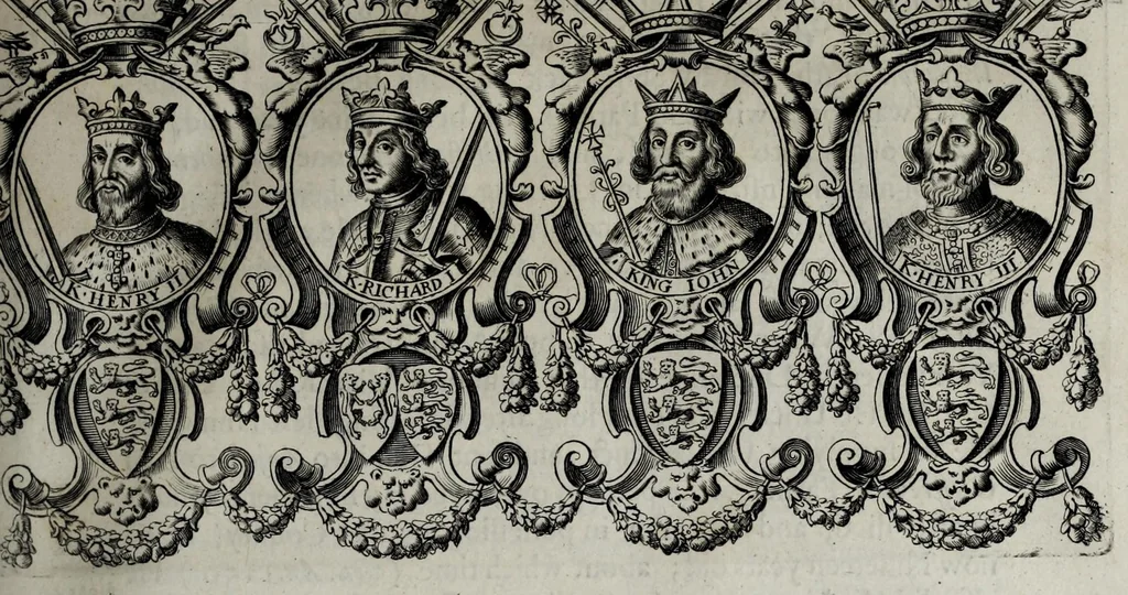An illustration from A genealogical history of the kings of England, and monarchs of Great Britain, &c. : from the Conquest, anno 1066, to the year 1677 : in seven parts or books containing a discourse of their several lives, marriages, and issues ... with their effigies, seals, tombs ... all engraven in copper plates : furnished with several remarques and annotations, 1677, leaf 77