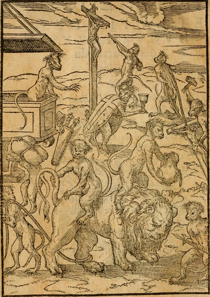 An illustration from Genealogie et la fin des Huguenaux, & descouverte du Calvinisme : où est sommairemet descrite l'histoire des troubles excitez en France parlesdits Huguenaux, iusques à present, 1573, leaf 5