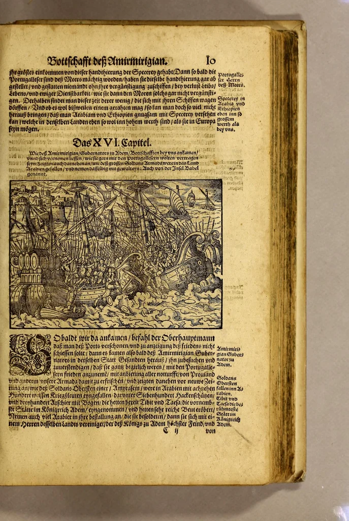 An illustration from General Chronica, das ist: Warhaffte eigentliche vnd kurtze Beschreibung, vieler namhaffter, vnd zum Theil biss daher vnbekannter Landtschafften, : erstlich dess Grossmechtigen vnd gewaltigen Herrn Priester Johan[n]s, Königs in Morenlandt, Königreichen vnd Herrschafften, auch derselbigen beyde geistliche vnd weltliche Regiment. Zum andern ein gemeine Beschreibung dess gantzen Erdbodems, in drey Bücher getheilt, nemlich, Asiam, Aphricam, vnd Europam, vnd was sich fürnemlich darinnen für guts und böses, zu Wasser und Landt, mit Krieg, Brunst, Hunger vnd dergleichen, von anfang der Welt, biss vff erbauwung der Statt Rom, vnd von dannen biss zu der Zeit Honorii vnd Theodosii, begeben vnd zugetrragen hat. Zum dritten vnd letzten, ein kurtzer Summarischer doch verstendtlicher Ausszug vnd Beschreibung der neuw erfundenen Inseln, Americe vnd Magellane, so man die neuwe Welt pflegt zu nennen. Darinnen alle Völcker vnd Nationen, die in der gantzen Welt (als viel deren jetziger Zeit bekannt sind) wohnen, sampt ihrer Ankunfft und Herkommen, auch Art vnd Natur, item Ceremonien und Gebräuchen in geistlichen und weltlichen sachen, trewlich beschrieben, vnd gleich als in einer Tafel abgemalt, für die Augen gestelt werden. Jetzt auffs neuw mit sonderm grossen fleiss, besser als zuuor, beschrieben vnd verteutscht, auch mehrer richtigkeit halben in drey vnderschiedliche Bücher getheilt, dergleichen noch niemals aussgangen, 1581, leaf 27