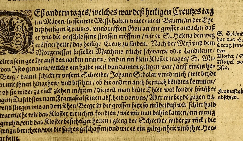 An illustration from General Chronica, das ist: Warhaffte eigentliche vnd kurtze Beschreibung, vieler namhaffter, vnd zum Theil biss daher vnbekannter Landtschafften, : erstlich dess Grossmechtigen vnd gewaltigen Herrn Priester Johan[n]s, Königs in Morenlandt, Königreichen vnd Herrschafften, auch derselbigen beyde geistliche vnd weltliche Regiment. Zum andern ein gemeine Beschreibung dess gantzen Erdbodems, in drey Bücher getheilt, nemlich, Asiam, Aphricam, vnd Europam, vnd was sich fürnemlich darinnen für guts und böses, zu Wasser und Landt, mit Krieg, Brunst, Hunger vnd dergleichen, von anfang der Welt, biss vff erbauwung der Statt Rom, vnd von dannen biss zu der Zeit Honorii vnd Theodosii, begeben vnd zugetrragen hat. Zum dritten vnd letzten, ein kurtzer Summarischer doch verstendtlicher Ausszug vnd Beschreibung der neuw erfundenen Inseln, Americe vnd Magellane, so man die neuwe Welt pflegt zu nennen. Darinnen alle Völcker vnd Nationen, die in der gantzen Welt (als viel deren jetziger Zeit bekannt sind) wohnen, sampt ihrer Ankunfft und Herkommen, auch Art vnd Natur, item Ceremonien und Gebräuchen in geistlichen und weltlichen sachen, trewlich beschrieben, vnd gleich als in einer Tafel abgemalt, für die Augen gestelt werden. Jetzt auffs neuw mit sonderm grossen fleiss, besser als zuuor, beschrieben vnd verteutscht, auch mehrer richtigkeit halben in drey vnderschiedliche Bücher getheilt, dergleichen noch niemals aussgangen, 1581, leaf 63