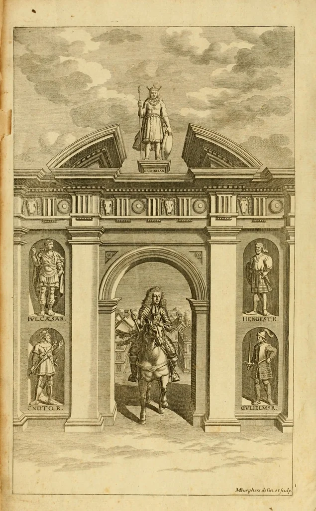 An illustration from The general history of England, both ecclesiastical and civil : from the earliest accounts of time, to the reign of his present Majesty King William III. Taken from the most antient records, manuscripts, and historians. With memorials of the most eminent persons in church and state. As also the foundations of the noted monasteries, and both universities, 1700, leaf 6