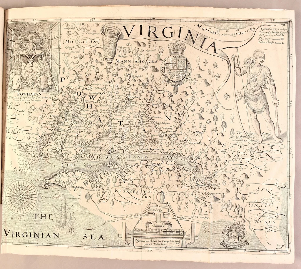An illustration from The generall historie of Virginia, New-England, and the Summer Isles: with the names of the adventurers, planters, and governours from their first beginning. an[n]o 1584. to this present 1626. : With the procedings of those severall colonies and the accidents that befell them in all their journyes and discoveries. Also the maps and descriptions of all those countryes, their commodities, people, government, customes, and religion yet knowne. Divided into sixe bookes., 1632, leaf 61