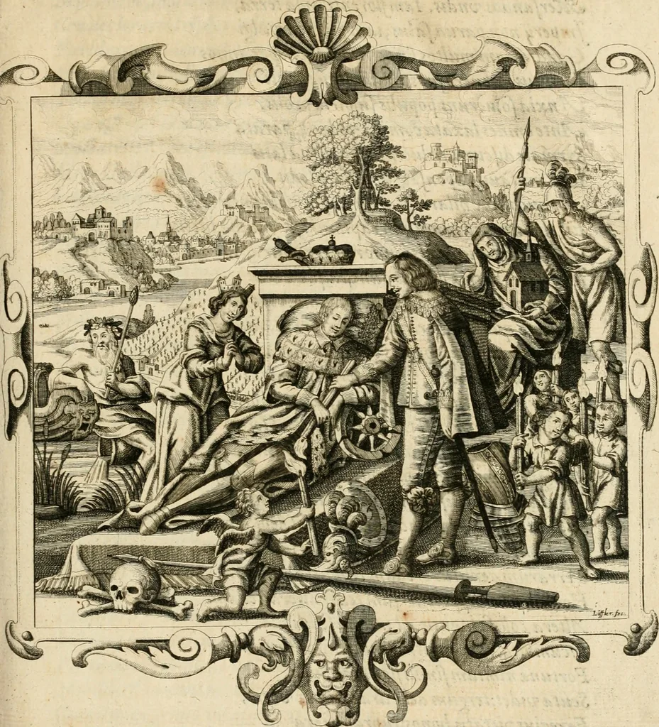 An illustration from Genii Serenissimorum Principum Philippi Wilhelmi Comitis Palatini Rheni ... sponsi, et Annae Catharinae Constantiae, augustissimorum regum Sigismundi III. filiae, Vladislai IV. sororis, Poloniae et Sueciae &c principis, sponsae : quos in nuptiali eorundem solennitate tria Societatis Jesu Collegia Dusseldorpiense, Monasterioeiffliacum e[t] Marcoduranum clementissimis suis dominis et munificentissimis fundatoribus D. C, 1642, leaf 12