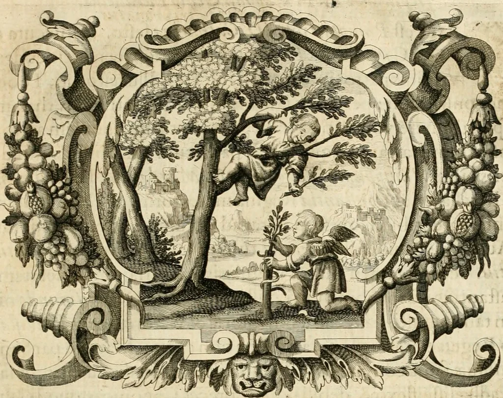 An illustration from Genii Serenissimorum Principum Philippi Wilhelmi Comitis Palatini Rheni ... sponsi, et Annae Catharinae Constantiae, augustissimorum regum Sigismundi III. filiae, Vladislai IV. sororis, Poloniae et Sueciae &c principis, sponsae : quos in nuptiali eorundem solennitate tria Societatis Jesu Collegia Dusseldorpiense, Monasterioeiffliacum e[t] Marcoduranum clementissimis suis dominis et munificentissimis fundatoribus D. C, 1642, leaf 20