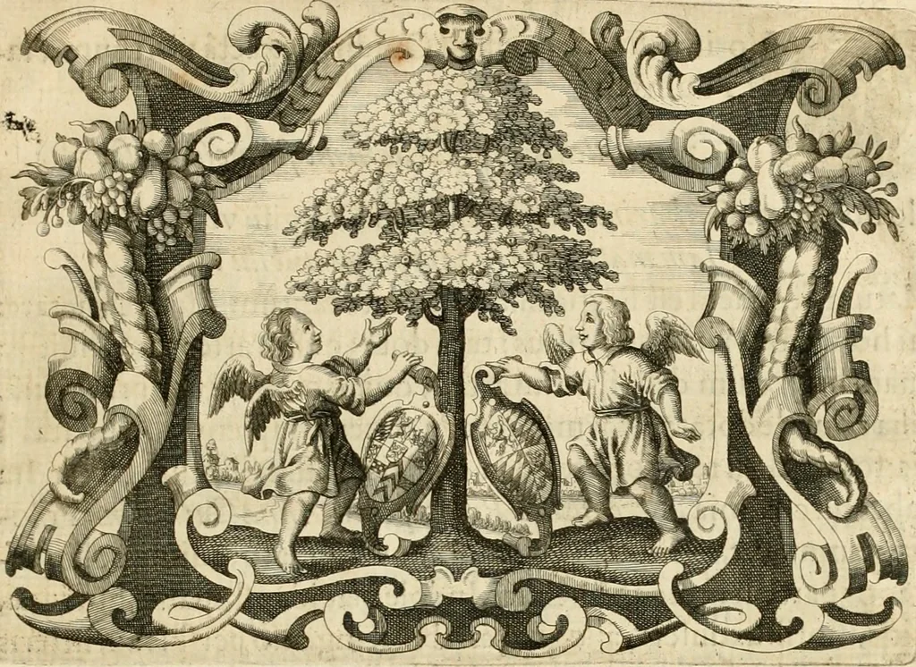 An illustration from Genii Serenissimorum Principum Philippi Wilhelmi Comitis Palatini Rheni ... sponsi, et Annae Catharinae Constantiae, augustissimorum regum Sigismundi III. filiae, Vladislai IV. sororis, Poloniae et Sueciae &c principis, sponsae : quos in nuptiali eorundem solennitate tria Societatis Jesu Collegia Dusseldorpiense, Monasterioeiffliacum e[t] Marcoduranum clementissimis suis dominis et munificentissimis fundatoribus D. C, 1642, leaf 32