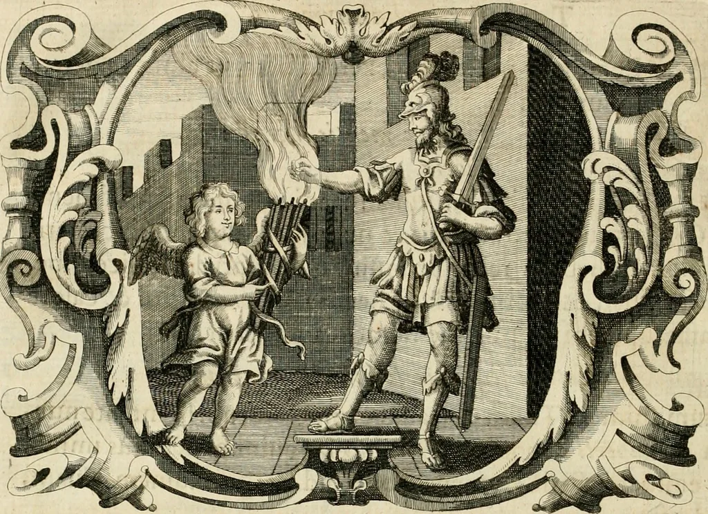 An illustration from Genii Serenissimorum Principum Philippi Wilhelmi Comitis Palatini Rheni ... sponsi, et Annae Catharinae Constantiae, augustissimorum regum Sigismundi III. filiae, Vladislai IV. sororis, Poloniae et Sueciae &c principis, sponsae : quos in nuptiali eorundem solennitate tria Societatis Jesu Collegia Dusseldorpiense, Monasterioeiffliacum e[t] Marcoduranum clementissimis suis dominis et munificentissimis fundatoribus D. C, 1642, leaf 45
