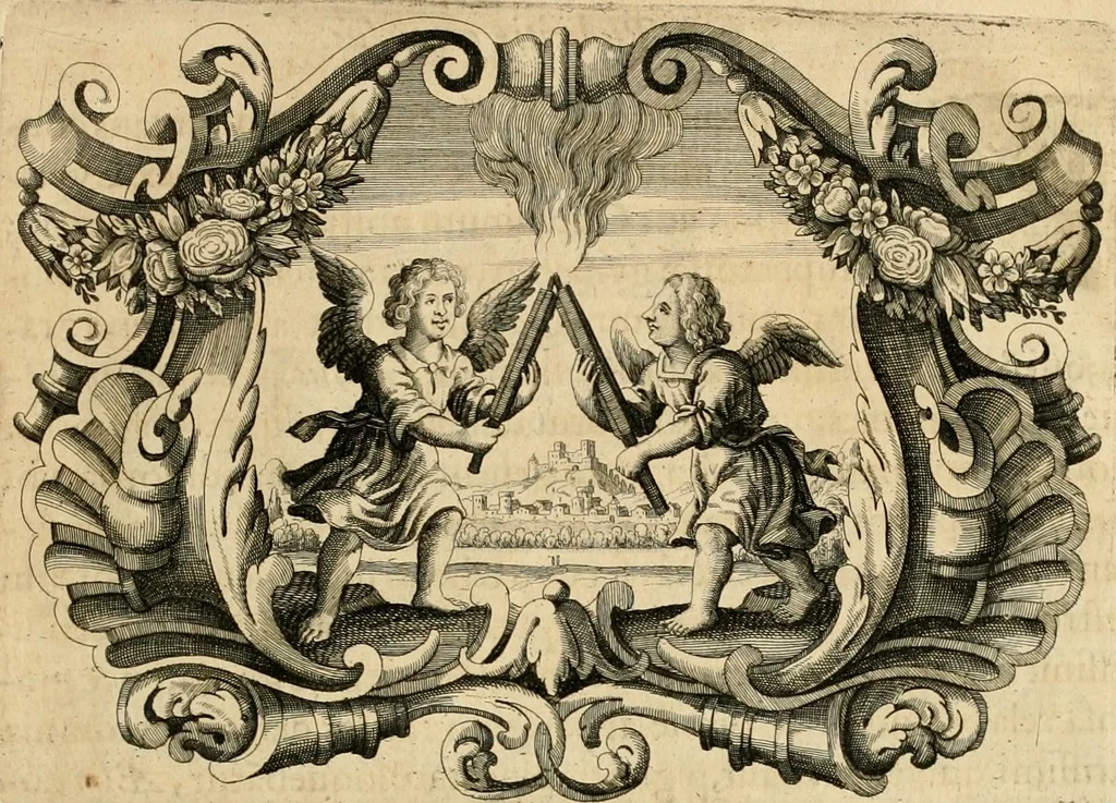 An illustration from Genii Serenissimorum Principum Philippi Wilhelmi Comitis Palatini Rheni ... sponsi, et Annae Catharinae Constantiae, augustissimorum regum Sigismundi III. filiae, Vladislai IV. sororis, Poloniae et Sueciae &c principis, sponsae : quos in nuptiali eorundem solennitate tria Societatis Jesu Collegia Dusseldorpiense, Monasterioeiffliacum e[t] Marcoduranum clementissimis suis dominis et munificentissimis fundatoribus D. C, 1642, leaf 48