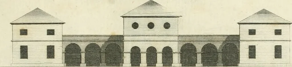 An illustration from The gentleman and farmer's architect : a new work, containing a great variety of useful and genteel designs, being correct plans and elevations of parsonage and farm houses, lodges for parks, pinery, peach, hot and green houses, with the fire-wall, tan-pit, &c. particularly described ... : with scales and tables of reference, describing the several parts, with their just dimensions and use, 1762, leaf 18