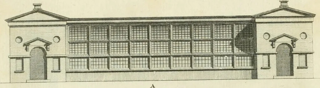 An illustration from The gentleman and farmer's architect : a new work, containing a great variety of useful and genteel designs, being correct plans and elevations of parsonage and farm houses, lodges for parks, pinery, peach, hot and green houses, with the fire-wall, tan-pit, &c. particularly described ... : with scales and tables of reference, describing the several parts, with their just dimensions and use, 1762, leaf 28