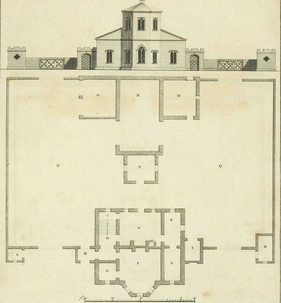 An illustration from The gentleman and farmer's architect : a new work, containing a great variety of useful and genteel designs, being correct plans and elevations of parsonage and farm houses, lodges for parks, pinery, peach, hot and green houses, with the fire-wall, tan-pit, &c. particularly described ... : with scales and tables of reference, describing the several parts, with their just dimensions and use, 1762, leaf 36