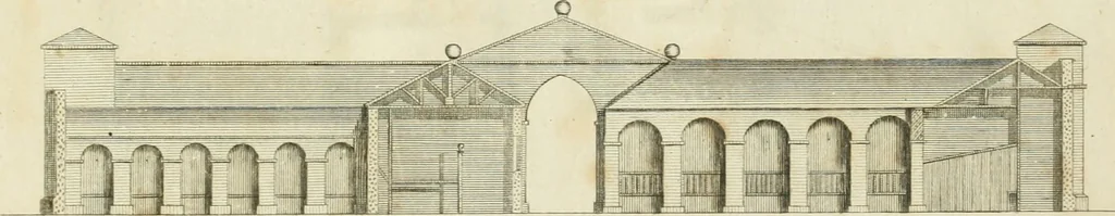 An illustration from The gentleman and farmer's architect : a new work, containing a great variety of useful and genteel designs, being correct plans and elevations of parsonage and farm houses, lodges for parks, pinery, peach, hot and green houses, with the fire-wall, tan-pit, &c. particularly described ... : with scales and tables of reference, describing the several parts, with their just dimensions and use, 1762, leaf 42