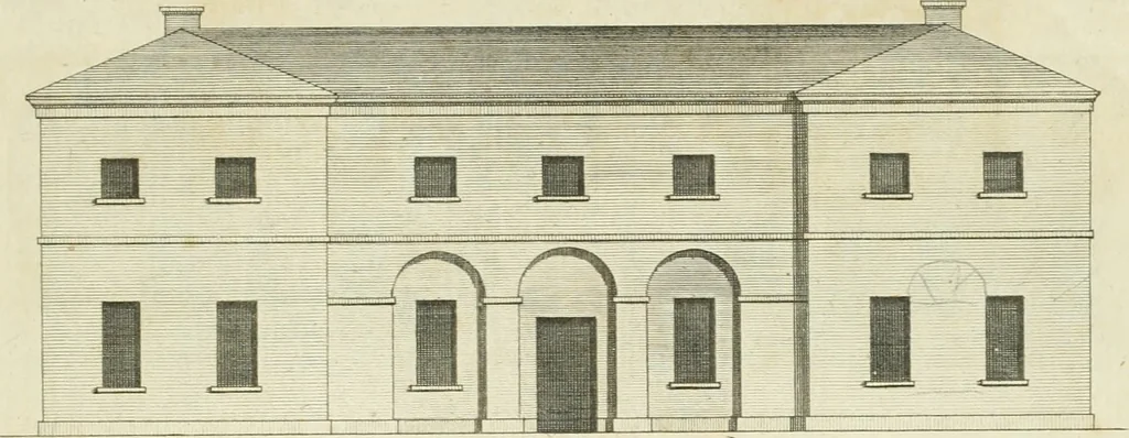 An illustration from The gentleman and farmer's architect : a new work, containing a great variety of useful and genteel designs, being correct plans and elevations of parsonage and farm houses, lodges for parks, pinery, peach, hot and green houses, with the fire-wall, tan-pit, &c. particularly described ... : with scales and tables of reference, describing the several parts, with their just dimensions and use, 1762, leaf 44