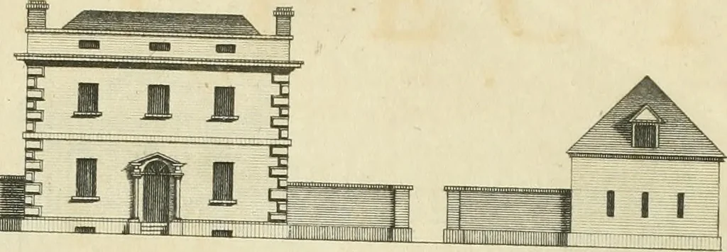 An illustration from The gentleman and farmer's architect : a new work, containing a great variety of useful and genteel designs, being correct plans and elevations of parsonage and farm houses, lodges for parks, pinery, peach, hot and green houses, with the fire-wall, tan-pit, &c. particularly described ... : with scales and tables of reference, describing the several parts, with their just dimensions and use, 1762, leaf 6