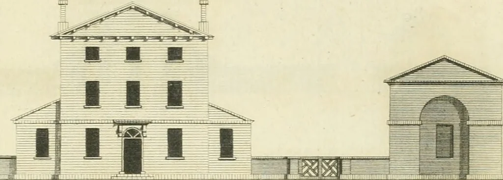 An illustration from The gentleman and farmer's architect : a new work, containing a great variety of useful and genteel designs, being correct plans and elevations of parsonage and farm houses, lodges for parks, pinery, peach, hot and green houses, with the fire-wall, tan-pit, &c. particularly described ... : with scales and tables of reference, describing the several parts, with their just dimensions and use, 1762, leaf 8
