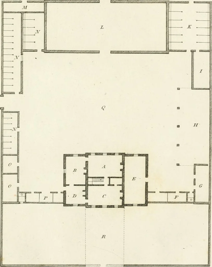 An illustration from The country gentleman's architect, in a great variety of new designs, for cottages, farm-houses, country-houses, villas, lodges for park or garden entrances, and ornamental wooden gates : with plans of the offices belonging to each design, distributed with a strict attention to convenience, elegance, and economy, 1787, leaf 34