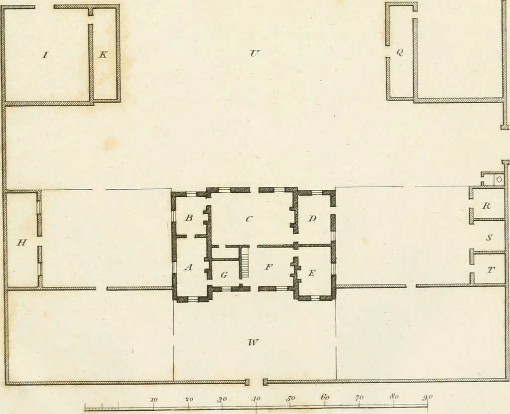 An illustration from The country gentleman's architect, in a great variety of new designs, for cottages, farm-houses, country-houses, villas, lodges for park or garden entrances, and ornamental wooden gates : with plans of the offices belonging to each design, distributed with a strict attention to convenience, elegance, and economy, 1787, leaf 42