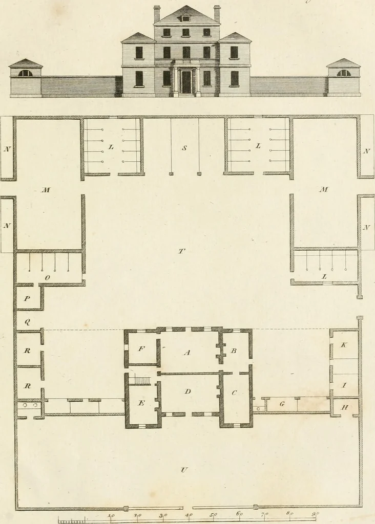 An illustration from The country gentleman's architect, in a great variety of new designs, for cottages, farm-houses, country-houses, villas, lodges for park or garden entrances, and ornamental wooden gates : with plans of the offices belonging to each design, distributed with a strict attention to convenience, elegance, and economy, 1787, leaf 54