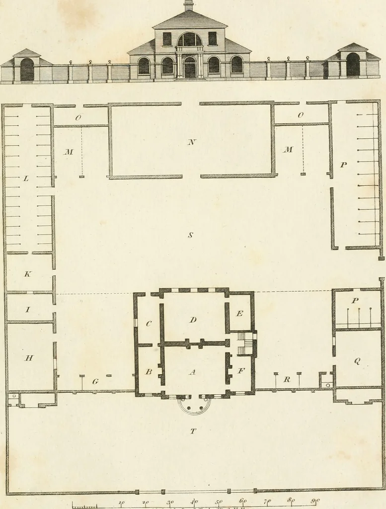 An illustration from The country gentleman's architect, in a great variety of new designs, for cottages, farm-houses, country-houses, villas, lodges for park or garden entrances, and ornamental wooden gates : with plans of the offices belonging to each design, distributed with a strict attention to convenience, elegance, and economy, 1787, leaf 58