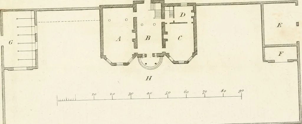 An illustration from The country gentleman's architect, in a great variety of new designs, for cottages, farm-houses, country-houses, villas, lodges for park or garden entrances, and ornamental wooden gates : with plans of the offices belonging to each design, distributed with a strict attention to convenience, elegance, and economy, 1787, leaf 68