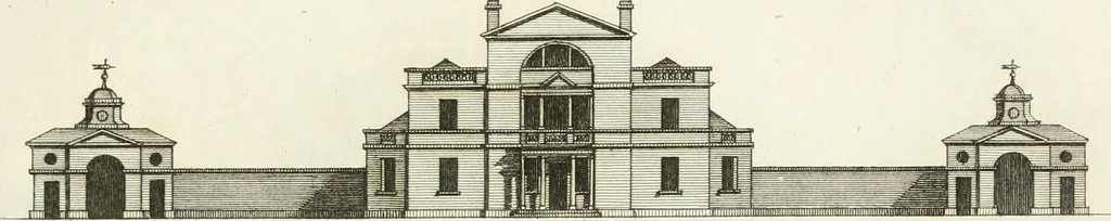 An illustration from The country gentleman's architect, in a great variety of new designs, for cottages, farm-houses, country-houses, villas, lodges for park or garden entrances, and ornamental wooden gates : with plans of the offices belonging to each design, distributed with a strict attention to convenience, elegance, and economy, 1787, leaf 72