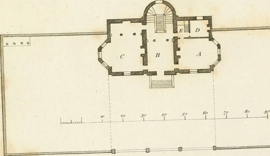 An illustration from The country gentleman's architect, in a great variety of new designs, for cottages, farm-houses, country-houses, villas, lodges for park or garden entrances, and ornamental wooden gates : with plans of the offices belonging to each design, distributed with a strict attention to convenience, elegance, and economy, 1787, leaf 74
