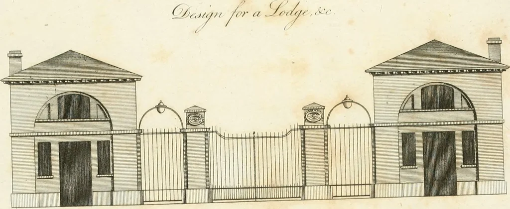 An illustration from The country gentleman's architect, in a great variety of new designs, for cottages, farm-houses, country-houses, villas, lodges for park or garden entrances, and ornamental wooden gates : with plans of the offices belonging to each design, distributed with a strict attention to convenience, elegance, and economy, 1787, leaf 90