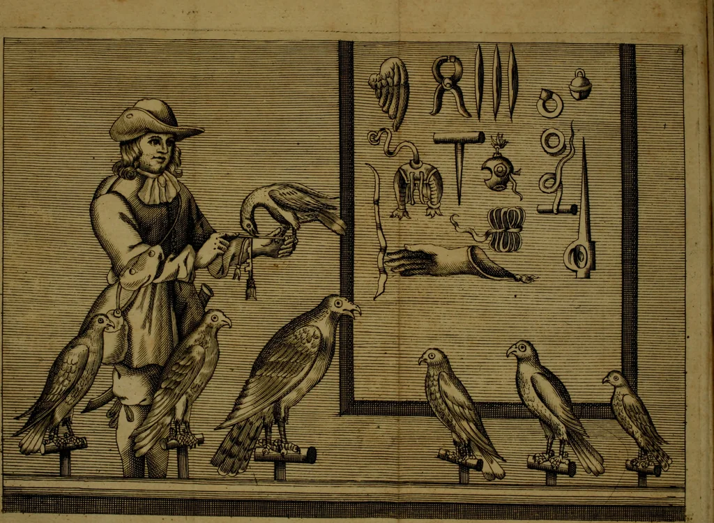 An illustration from The gentleman's recreation : in four parts, viz. hunting, hawking, fowling, fishing ; wherein these generous exercises are largely treated of, and the terms of art for hunting and hawking more amply enlarged than heretofore ; whereto is prefixt a large sculpture, giving easie directions for blowing the horn and other sculptures inserted proper to each recreation, with an abstract at the end of each subject of such laws as relate to the same, 1686, leaf 183