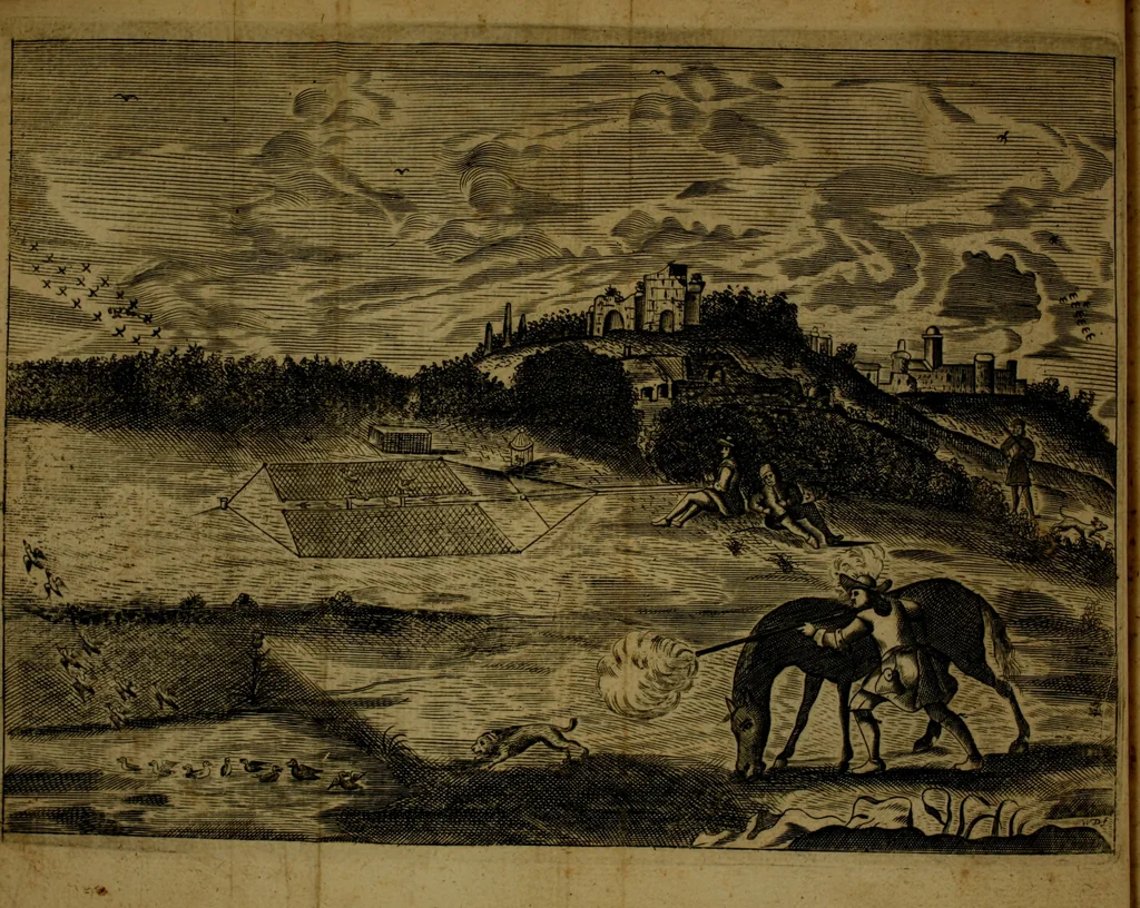 An illustration from The gentleman's recreation : in four parts, viz. hunting, hawking, fowling, fishing ; wherein these generous exercises are largely treated of, and the terms of art for hunting and hawking more amply enlarged than heretofore ; whereto is prefixt a large sculpture, giving easie directions for blowing the horn and other sculptures inserted proper to each recreation, with an abstract at the end of each subject of such laws as relate to the same, 1686, leaf 283
