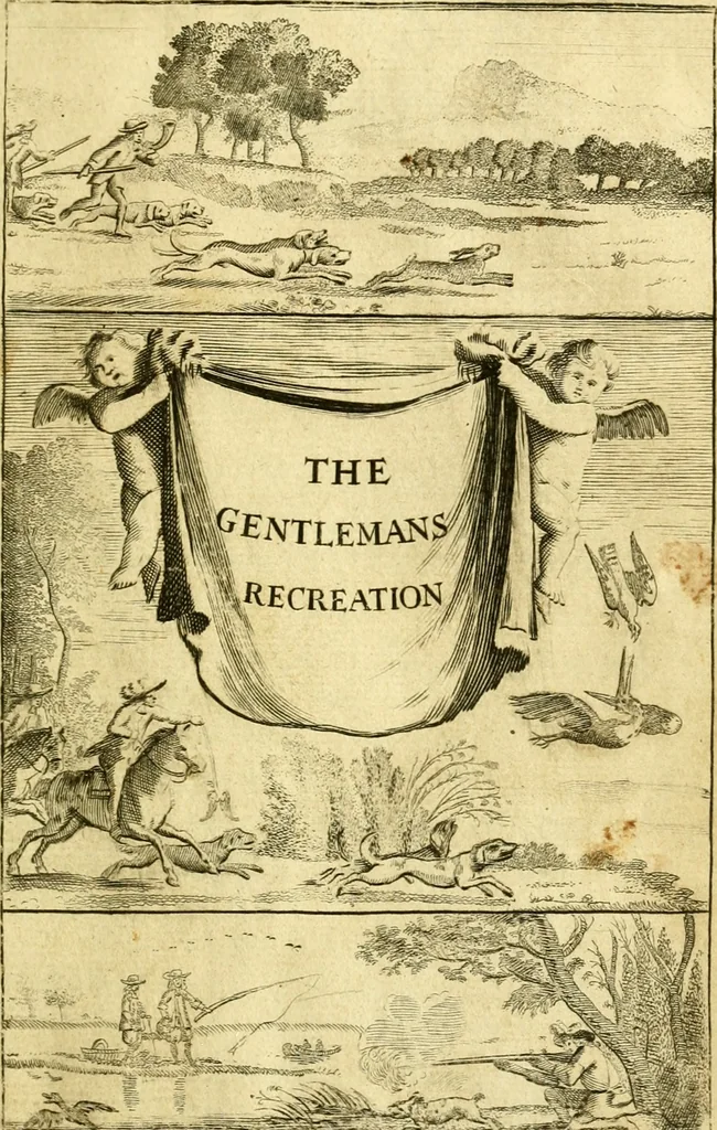 An illustration from The gentleman's recreation : in four parts, viz. hunting, hawking, fowling, fishing ; wherein these generous exercises are largely treated of, and the terms of art for hunting and hawking more amply enlarged than heretofore ; whereto is prefixt a large sculpture, giving easie directions for blowing the horn and other sculptures inserted proper to each recreation, with an abstract at the end of each subject of such laws as relate to the same, 1686, leaf 4