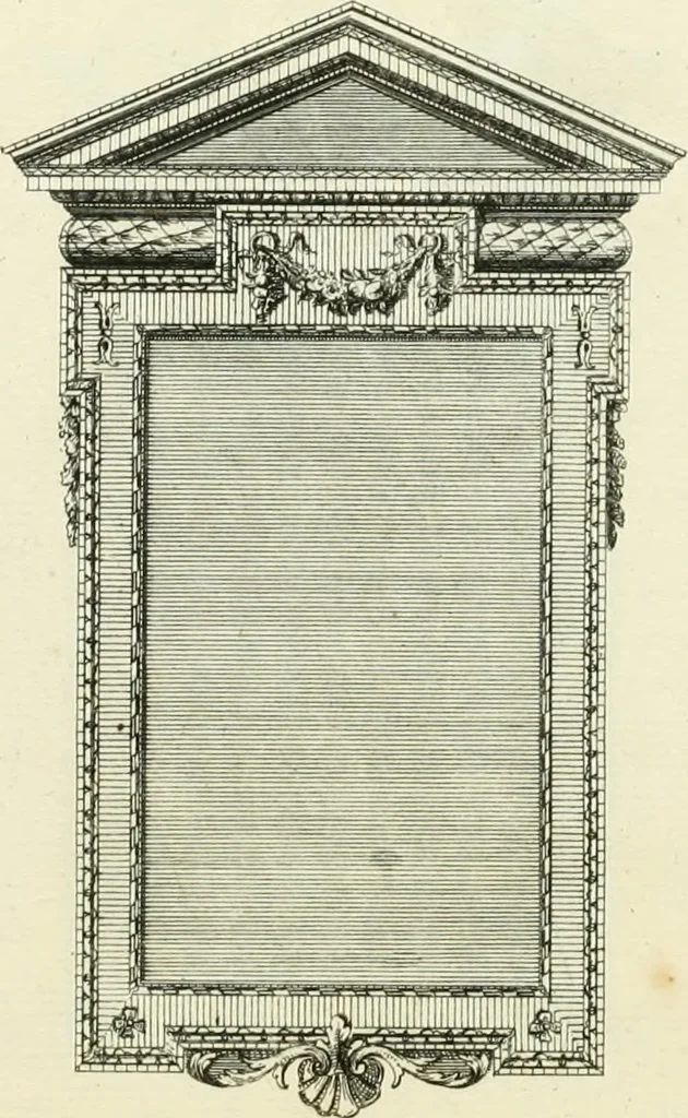An illustration from The gentlemens or builders companion : containing variety of usefull designs for doors, gateways, peers, pavilions, temples, chimney-pieces, slab tables, pier glasses, or tabernacle frames, ceiling peices [sic] &c., 1739, leaf 102