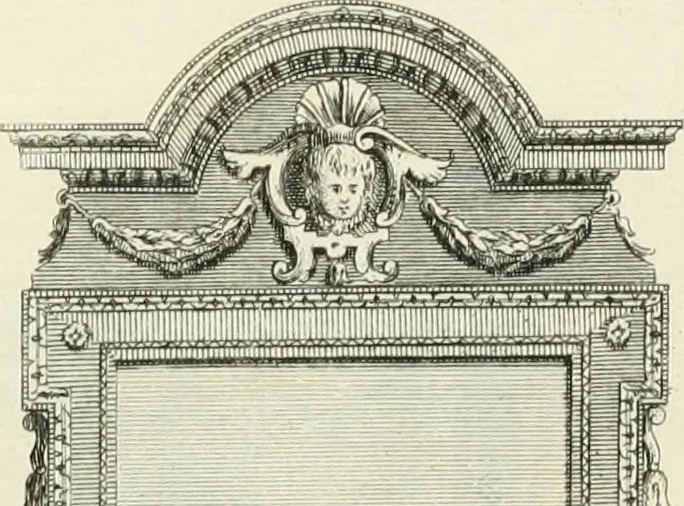 An illustration from The gentlemens or builders companion : containing variety of usefull designs for doors, gateways, peers, pavilions, temples, chimney-pieces, slab tables, pier glasses, or tabernacle frames, ceiling peices [sic] &c., 1739, leaf 104