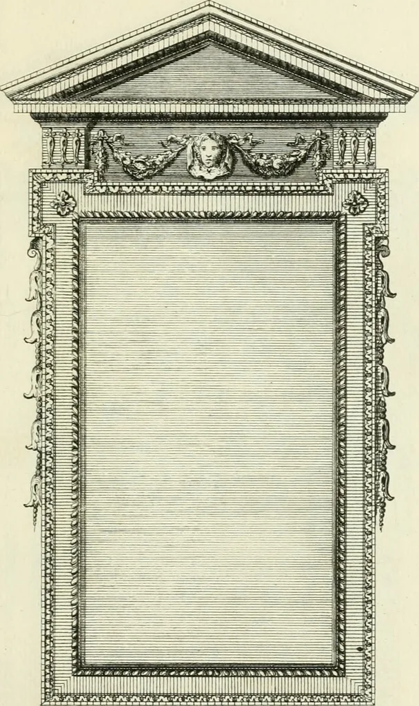 An illustration from The gentlemens or builders companion : containing variety of usefull designs for doors, gateways, peers, pavilions, temples, chimney-pieces, slab tables, pier glasses, or tabernacle frames, ceiling peices [sic] &c., 1739, leaf 108