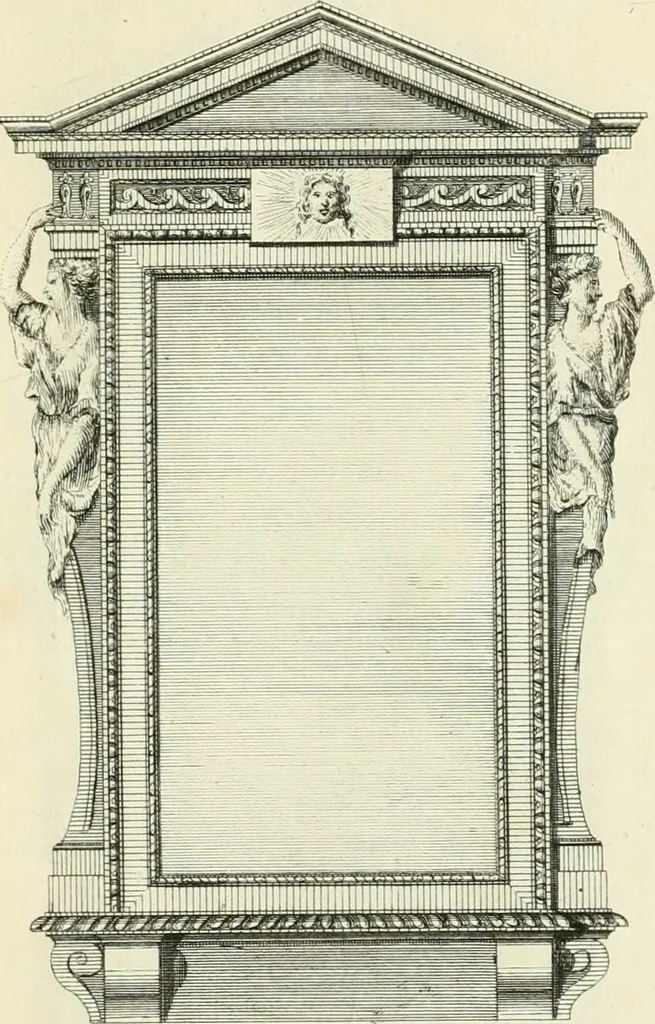 An illustration from The gentlemens or builders companion : containing variety of usefull designs for doors, gateways, peers, pavilions, temples, chimney-pieces, slab tables, pier glasses, or tabernacle frames, ceiling peices [sic] &c., 1739, leaf 112