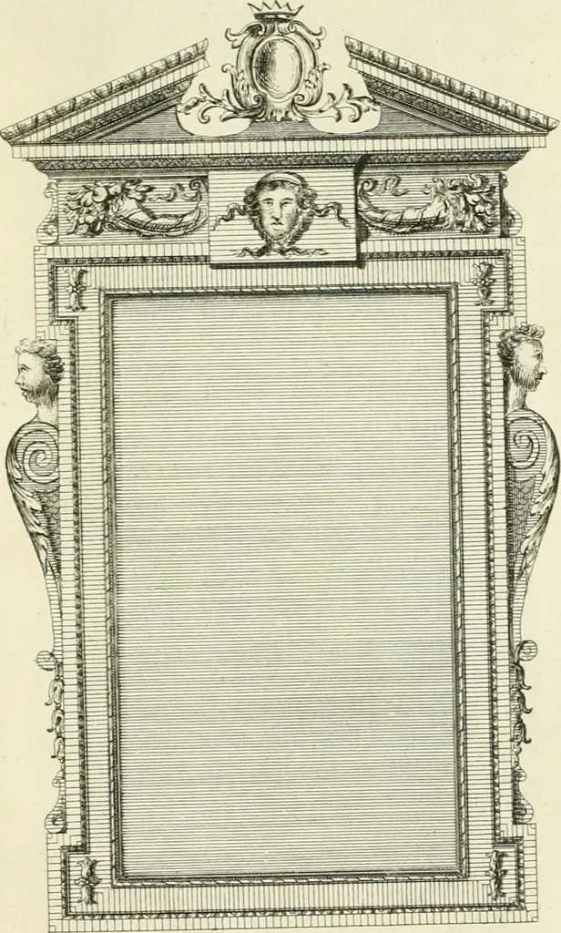An illustration from The gentlemens or builders companion : containing variety of usefull designs for doors, gateways, peers, pavilions, temples, chimney-pieces, slab tables, pier glasses, or tabernacle frames, ceiling peices [sic] &c., 1739, leaf 114