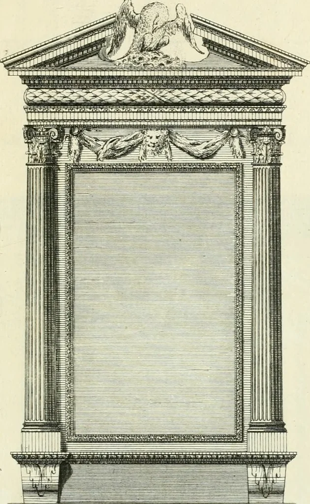 An illustration from The gentlemens or builders companion : containing variety of usefull designs for doors, gateways, peers, pavilions, temples, chimney-pieces, slab tables, pier glasses, or tabernacle frames, ceiling peices [sic] &c., 1739, leaf 116