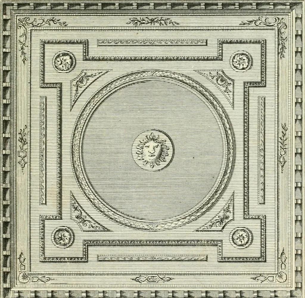 An illustration from The gentlemens or builders companion : containing variety of usefull designs for doors, gateways, peers, pavilions, temples, chimney-pieces, slab tables, pier glasses, or tabernacle frames, ceiling peices [sic] &c., 1739, leaf 118