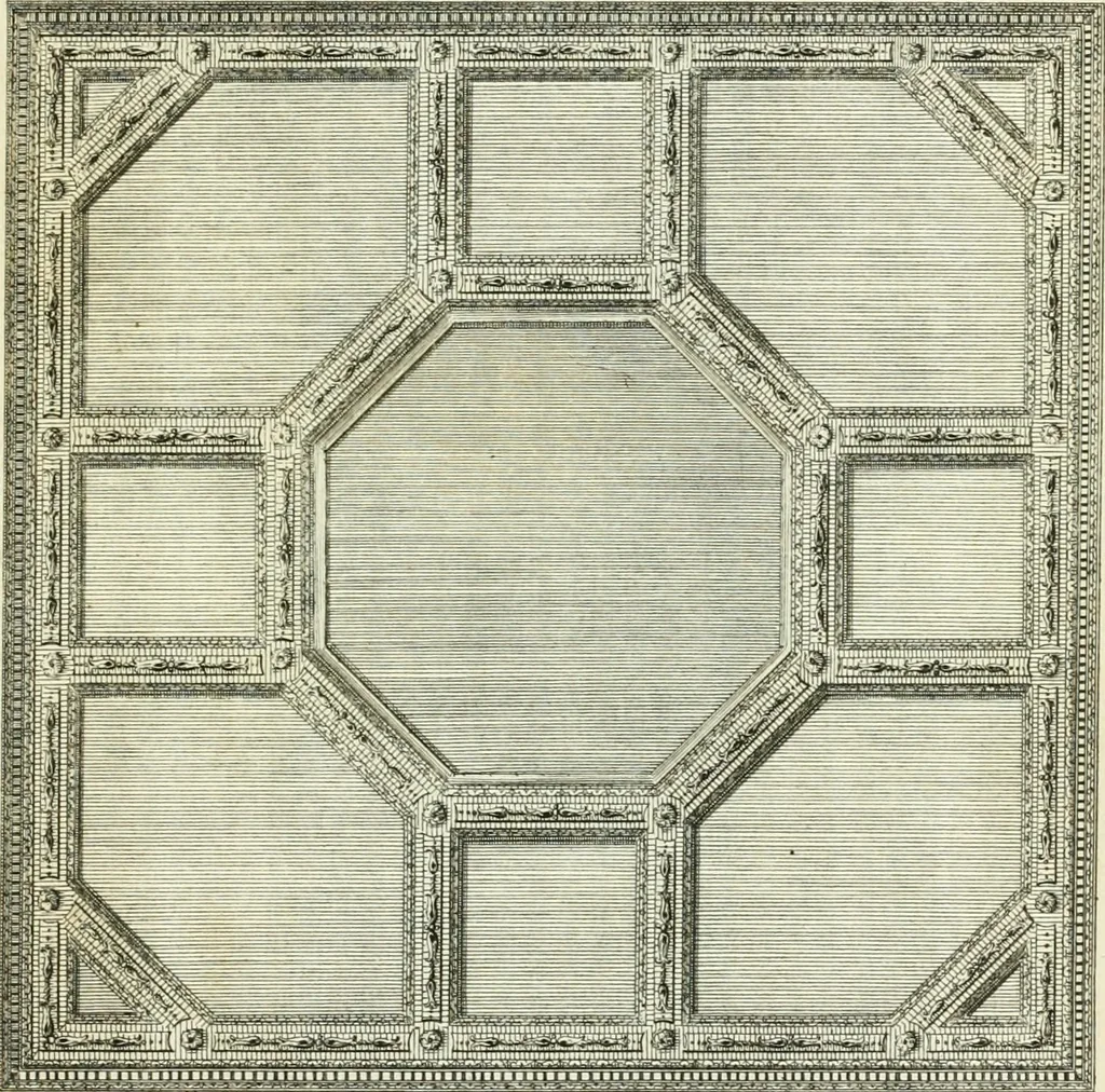 An illustration from The gentlemens or builders companion : containing variety of usefull designs for doors, gateways, peers, pavilions, temples, chimney-pieces, slab tables, pier glasses, or tabernacle frames, ceiling peices [sic] &c., 1739, leaf 120