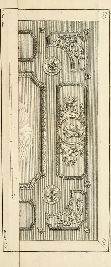 An illustration from The gentlemens or builders companion : containing variety of usefull designs for doors, gateways, peers, pavilions, temples, chimney-pieces, slab tables, pier glasses, or tabernacle frames, ceiling peices [sic] &c., 1739, leaf 124