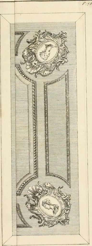 An illustration from The gentlemens or builders companion : containing variety of usefull designs for doors, gateways, peers, pavilions, temples, chimney-pieces, slab tables, pier glasses, or tabernacle frames, ceiling peices [sic] &c., 1739, leaf 126