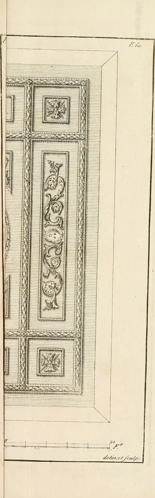 An illustration from The gentlemens or builders companion : containing variety of usefull designs for doors, gateways, peers, pavilions, temples, chimney-pieces, slab tables, pier glasses, or tabernacle frames, ceiling peices [sic] &c., 1739, leaf 128