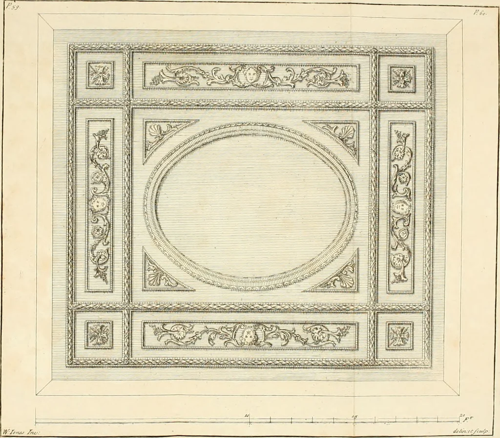 An illustration from The gentlemens or builders companion : containing variety of usefull designs for doors, gateways, peers, pavilions, temples, chimney-pieces, slab tables, pier glasses, or tabernacle frames, ceiling peices [sic] &c., 1739, leaf 129