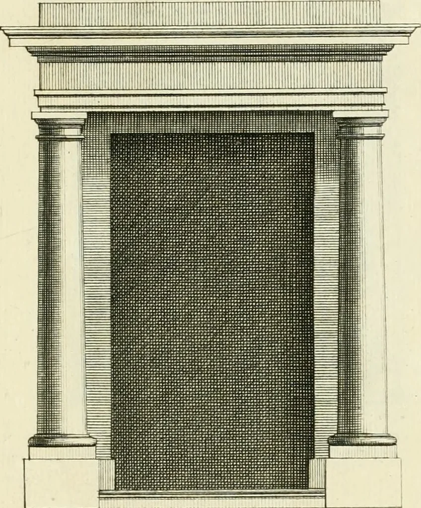 An illustration from The gentlemens or builders companion : containing variety of usefull designs for doors, gateways, peers, pavilions, temples, chimney-pieces, slab tables, pier glasses, or tabernacle frames, ceiling peices [sic] &c., 1739, leaf 20