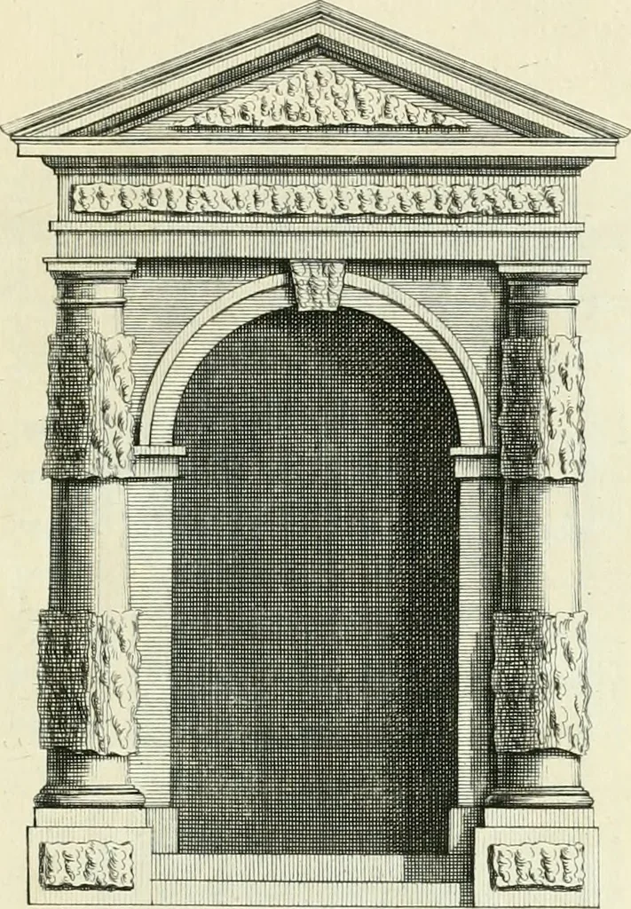 An illustration from The gentlemens or builders companion : containing variety of usefull designs for doors, gateways, peers, pavilions, temples, chimney-pieces, slab tables, pier glasses, or tabernacle frames, ceiling peices [sic] &c., 1739, leaf 22